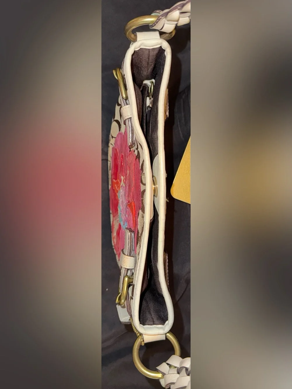 Vintage Coach Brown Signature Crossbody with Pink & Red Floral Appliqué